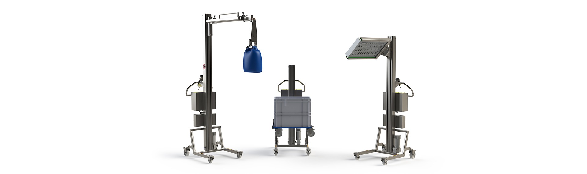 This lightweight piece of material handling machinery for the food and beverage industry can lift up to 150 kg. Image of three corrosion resistant electric lifters handling a can, plastic boxes and a mould. 