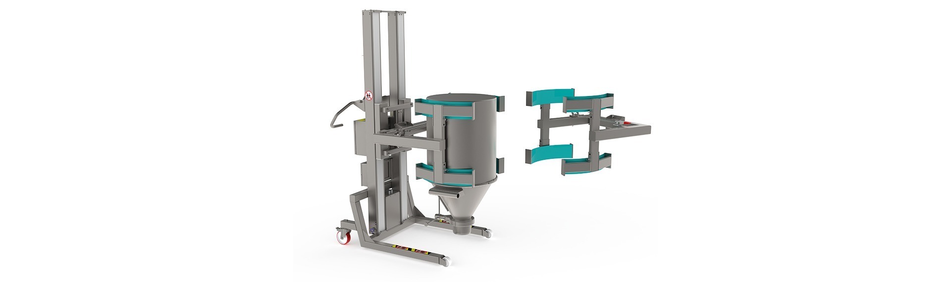 The manual clamp (MC) can be mounted on e.g. roll and drum lifters. Here the clamp is combined with a mobile pharma lifter in stainless steel and is lifting a round vessel.