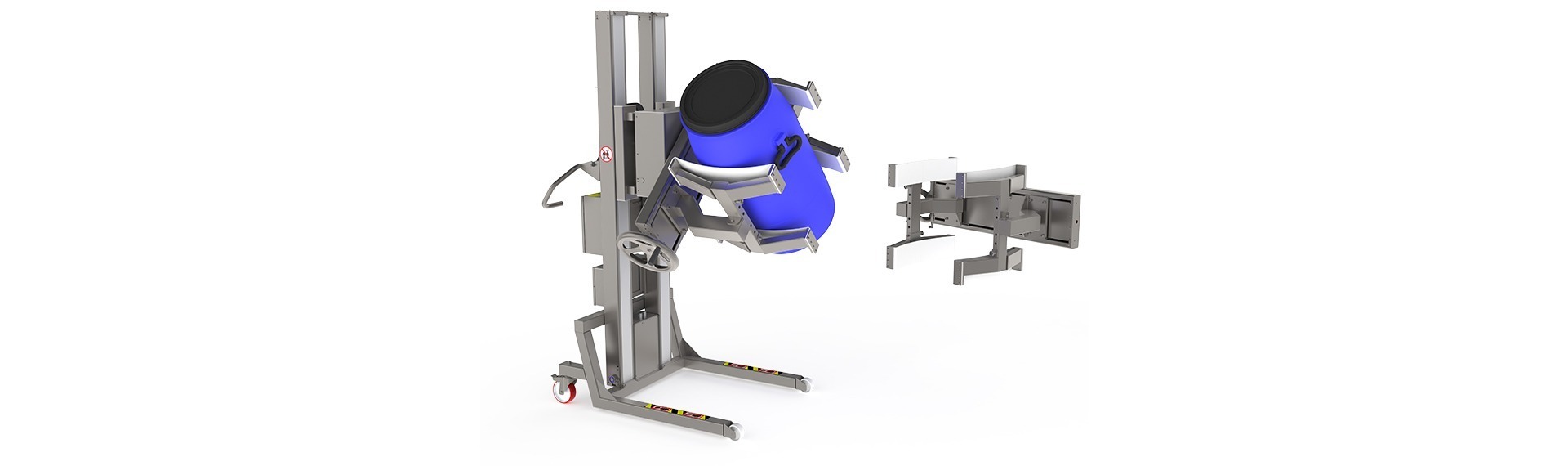 The manual linear clamp (MLC) is typically combined with a roll or drum lift. Image: A mobile lifter with a clamp and rotation unit turning a blue drum.