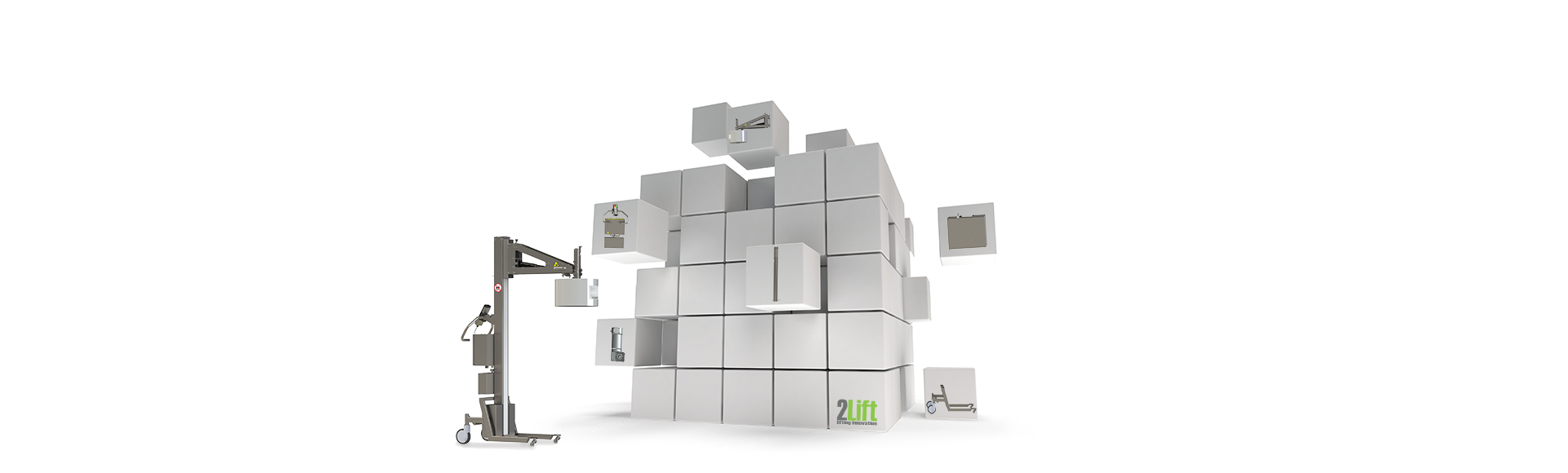 Material handling solutions via modular design. Image of a roll handler and lots of cubes with images of different parts of a lifter.