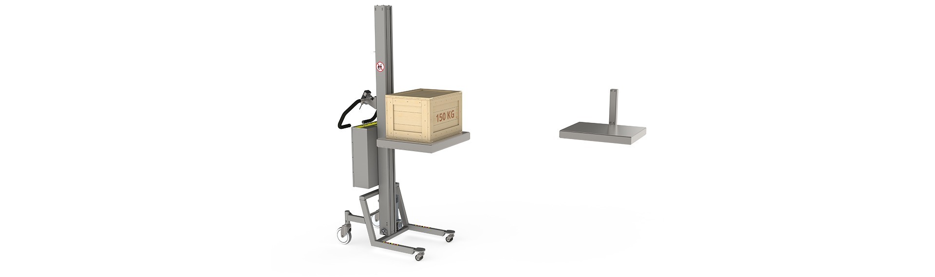 The metal platform (MP) is very versatile as lifting and handling equipment. Here the platform is mounted on a lightweight lifting aid and is holding a wooden box.