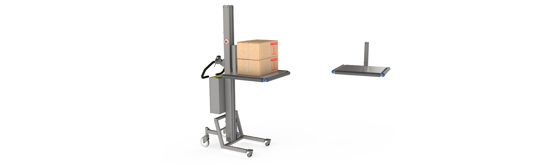 The metal platform with rollers (MPR) makes it easier to slide loads on and off. Here the materials handler is equipped with a metal platform holding two cardboard boxes.