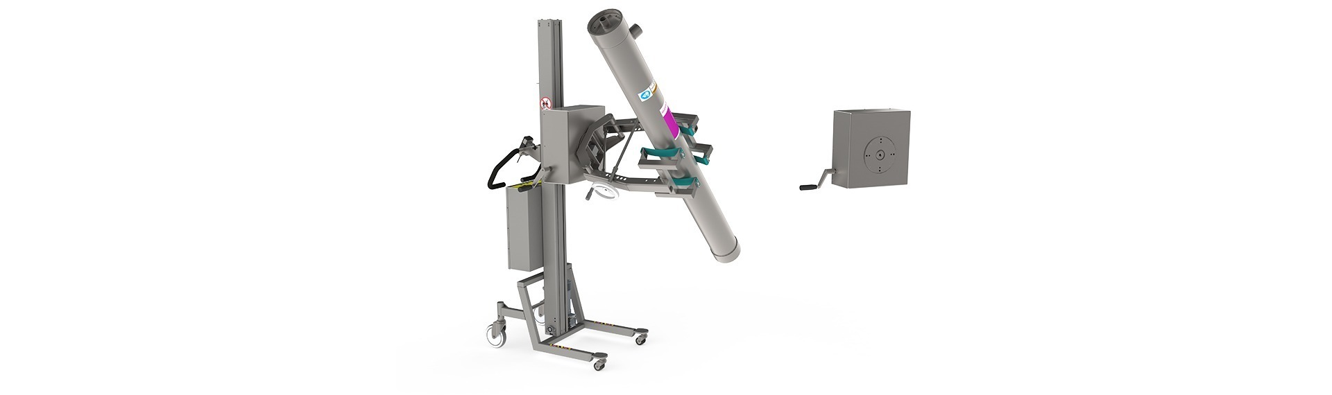 The manual rotation unit (MRU) is often used to turn rolls, drums and cylindrical loads. Here the MRU is used as cylinder handling equipment and is mounted on a lightweight lifting machine.