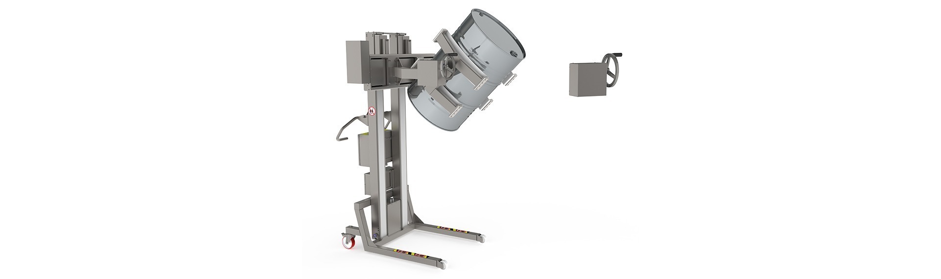 The manual tipping unit (MTU) is usually combined with roll or drum lifts. Image: Stainless steel pharma lifter that is tipping a large metal barrel.