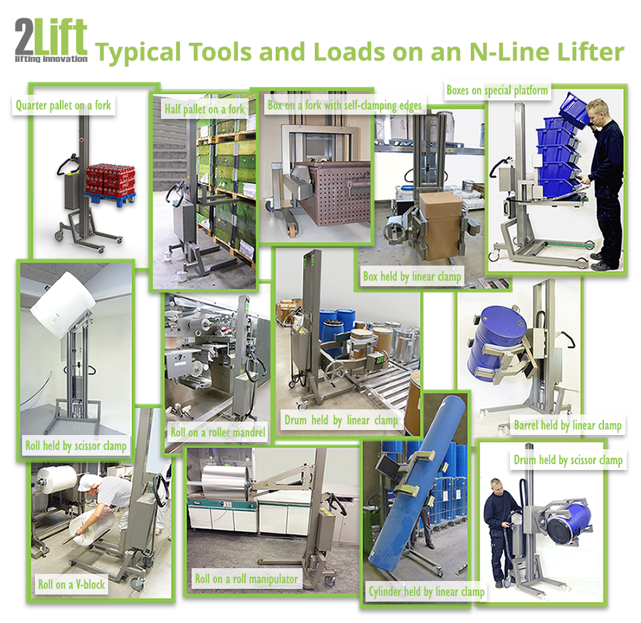 A collage of different lifting tools and loads on our N-Line electric lifters.