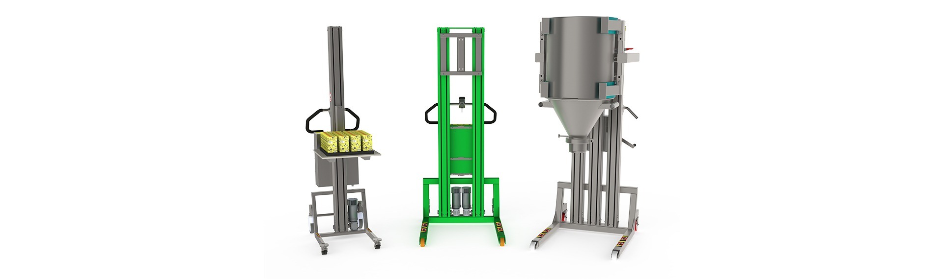 Image of various lifting equipment - three high quality lifters: one is equipped with a docking system, another is painted in a green RAL colour, and yet another consists of three lifting columns.