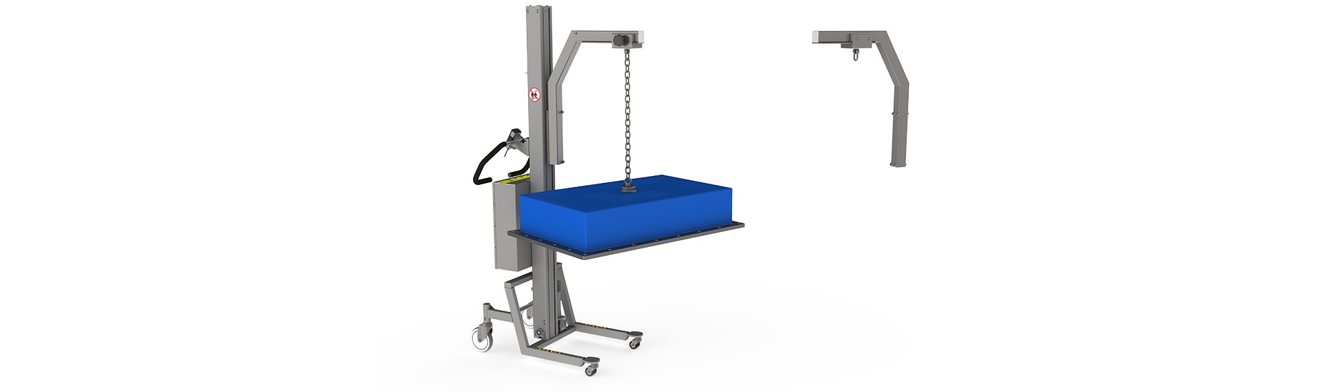 The rail crane arm (RCA) allows for precise manual positioning of suspended loads. Here the material handling crane is holding a blue machine cover.