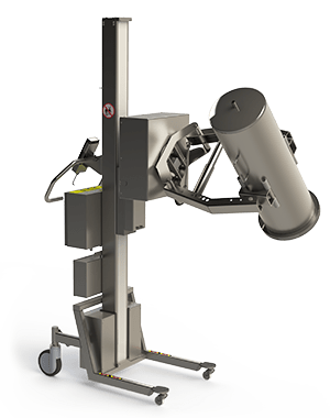Bespoke cleanroom electric lifter for handling (lifting and rotating) a filter housing (cylinder object). The lifter tool consists of a rotation unit with a scissor lift clamp. 2Lift ApS.