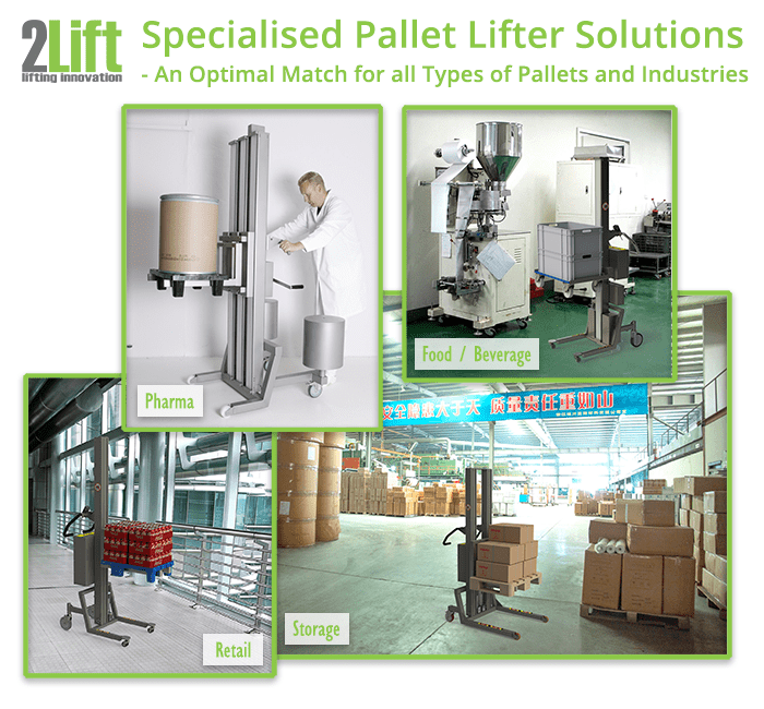 Specialized pallet lifter equipment for lifting all types of pallets in all types of industries, e.g. pharma, food and beverage, storage and retail. 2Lift ApS.