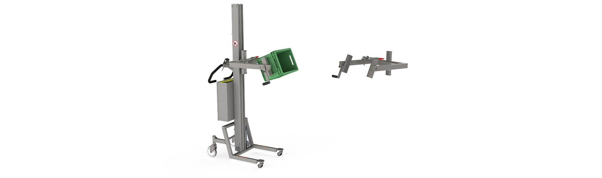 The simple tipping unit (STU) can be mounted on a drum lifter or box handler. Image: Battery powered lifter that is tipping a green box forward.