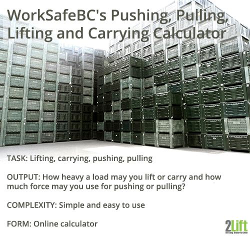WorkSafeBC's manual handling calculator for ergonomic assessments of lifting, carrying, pushing and pulling.